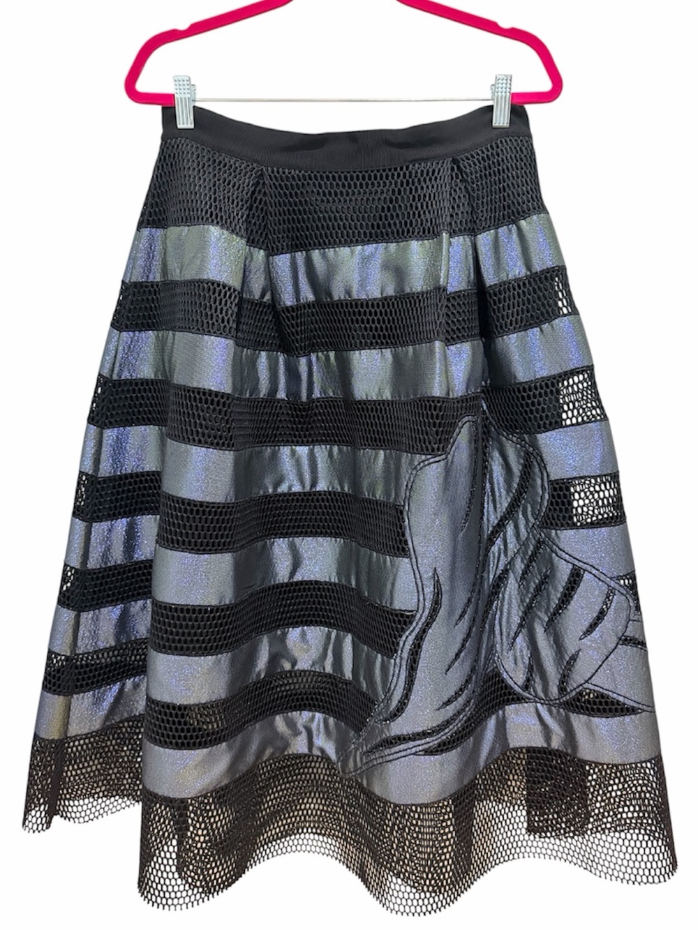 Sachin + Babi Noir sz 12 Black & Iridescent Blue A-Line Mesh Panel Midi Skirt - Picture 4 of 6